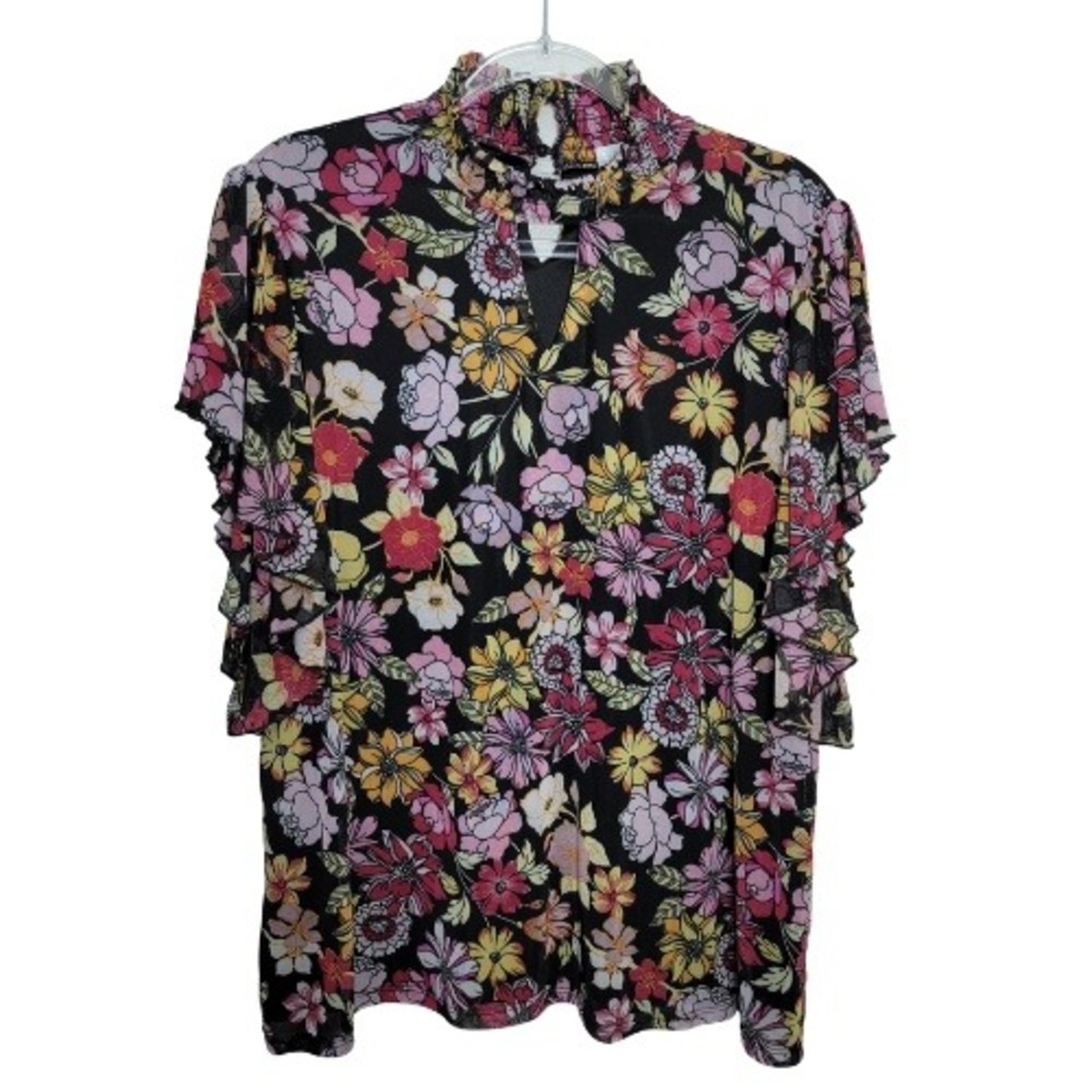 So It Is Womens 2X Floral Mesh Blouse Smocked Mock Neck Ruffle Sleeve Black Pink